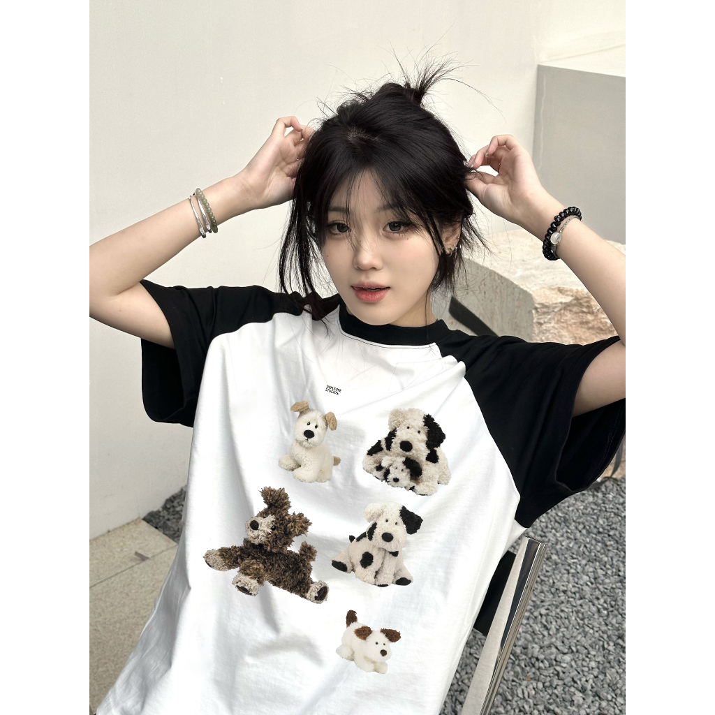 EUNII T-shirt Lengan Pendek Retro Plush Dog Korean Style/Kaos Atasan Wanita/Baju Kaus Oversize Wanita/Kaos Wanita