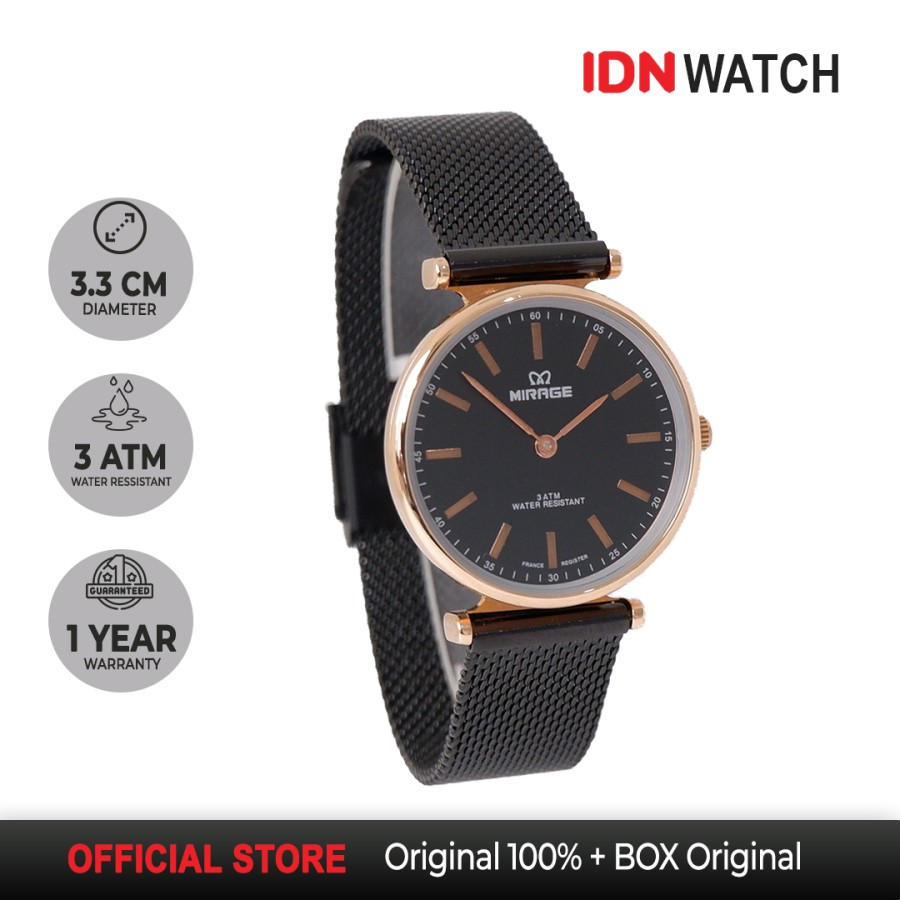 Jam Tangan Mirage Original Analog Wanita Rantai Pasir 2 Jarum Hitam Rosegold Stainless Steel 8711L