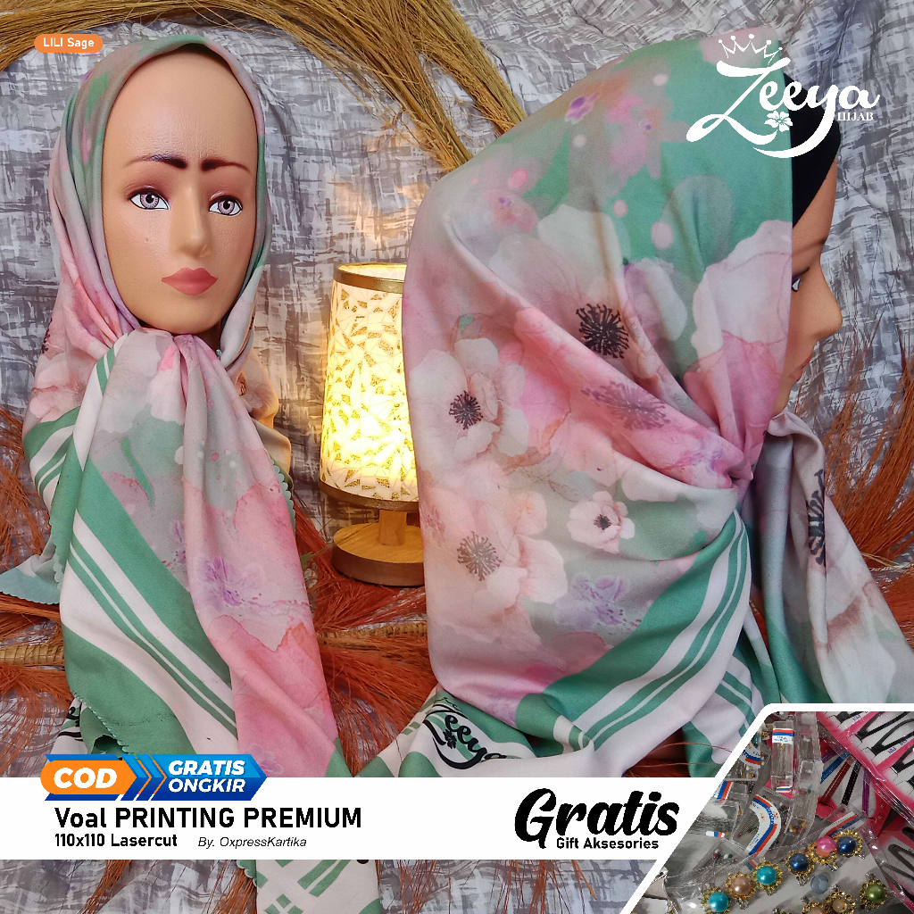 Kerudung VOAL hijab wanita fullprinting premium lasercut Gratis peniti hijab bross dll gambar realpict/Zeeyahijab