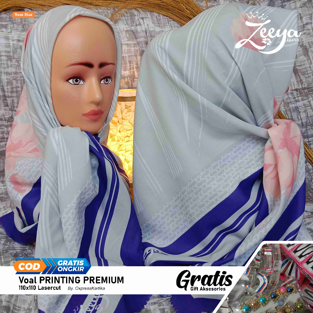 Kerudung VOAL hijab wanita fullprinting premium lasercut Gratis peniti hijab bross dll gambar realpict/Zeeyahijab