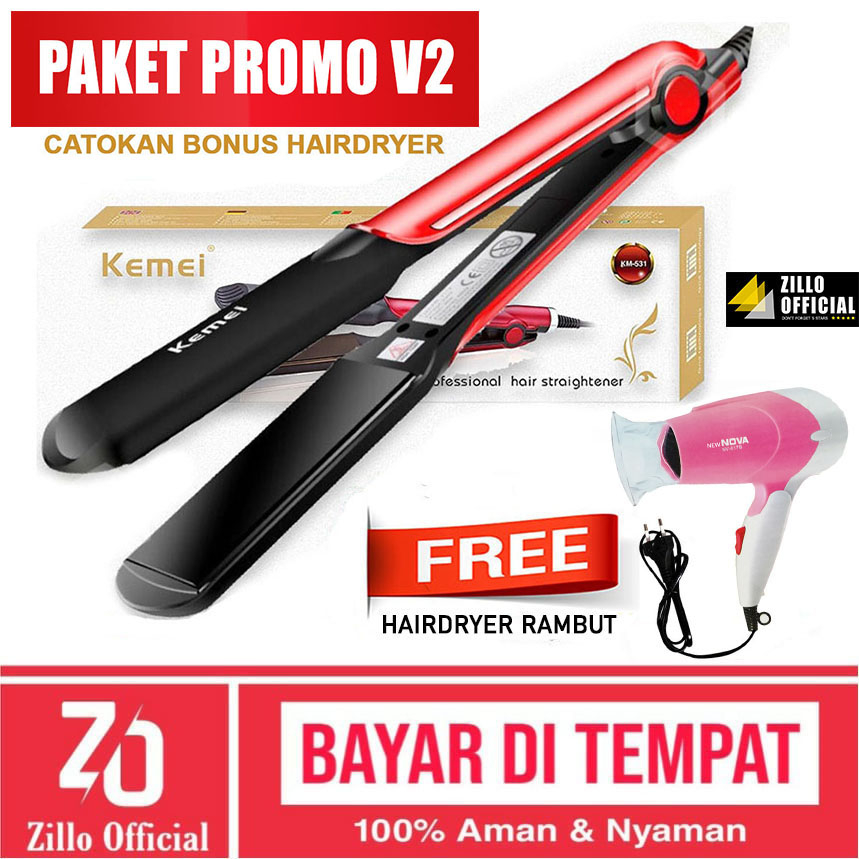 ZILLO Catokan Rambut Kemei BONUS Hairdryer NOVA Catok Rambut Bisa Untuk Lurus Dan Curly Kemei 531 Plat Lebar ORIGINAL