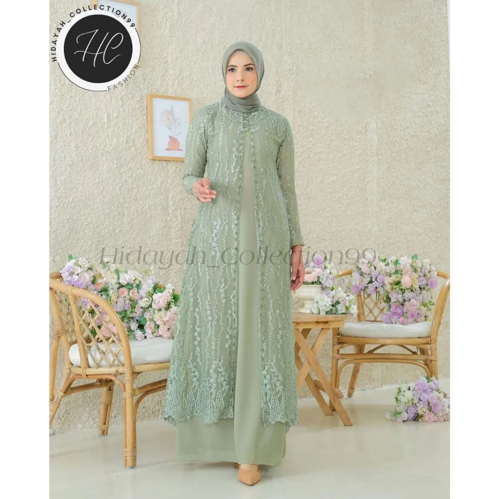 Gamis Kondangan Terbaru 2023 mewah Kekinian INDIRA Dress Gamis Pesta Aplikasi Brokat Bahan Ceruty Babydoll Import Fullpuring Dress Gamis Kodangan Trend Baju Brokat Mewah Warna Mint Sage