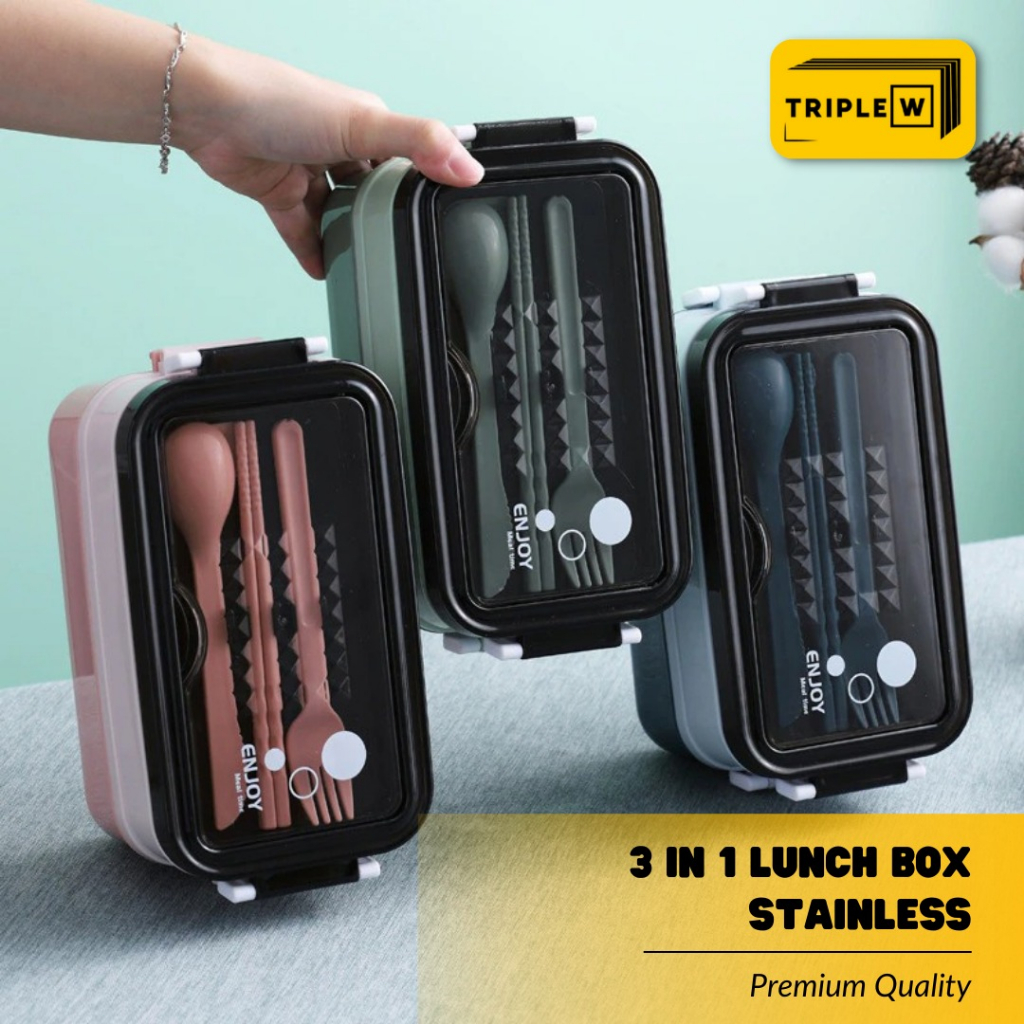 Triple W 3in1 Lunch Box Stainless Kotak Bekal Makan Sendok Garpu Set Kotak Makan Anak Tempat Makan Sarapan Sekolah