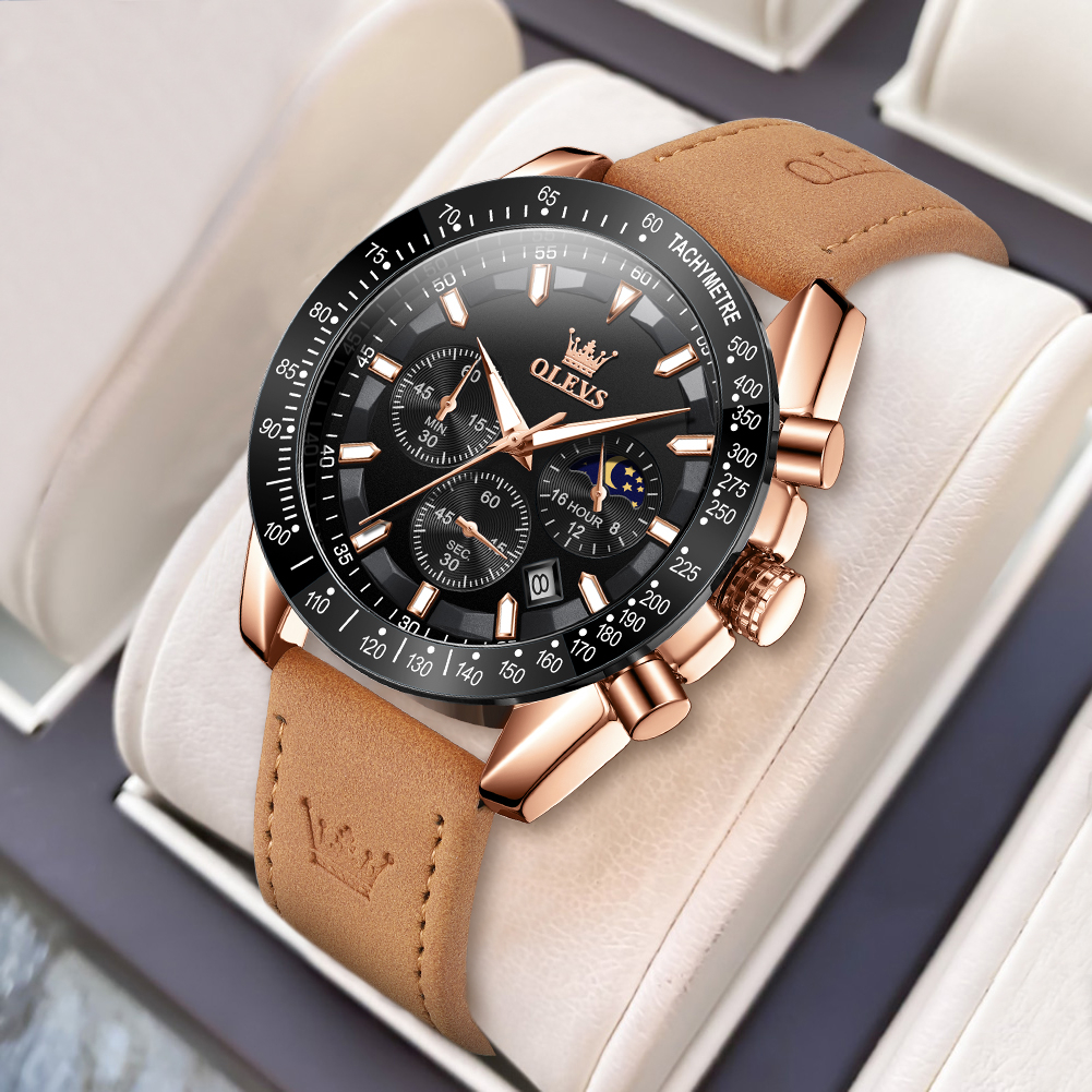 OLEVS Jam Tangan Pria Original Anti Air Kuarsa Kulit Bercahaya Luxury Chronograph Watch Men Cod 9957