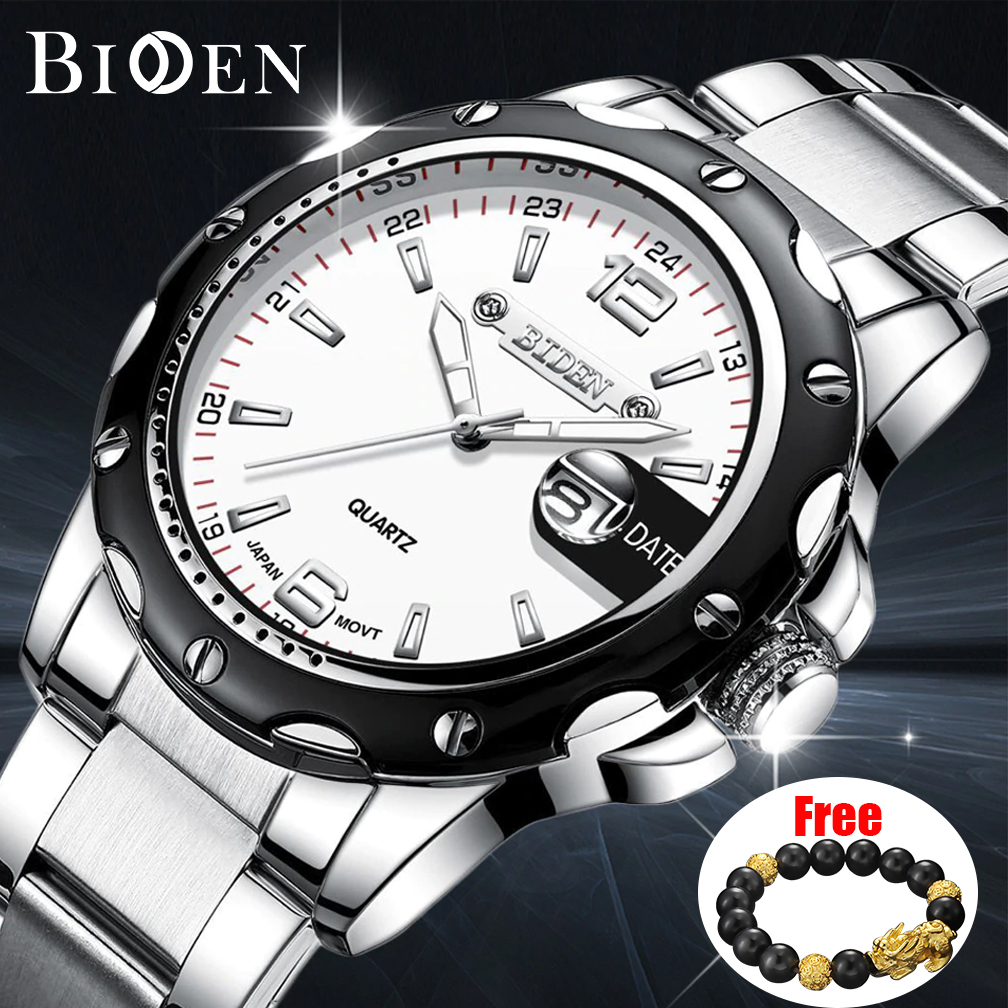 BIDEN Jam Tangan Pria Original Kuarsa Kalender Tali Stainless Steel Jam Tangan Cowok Anti Air