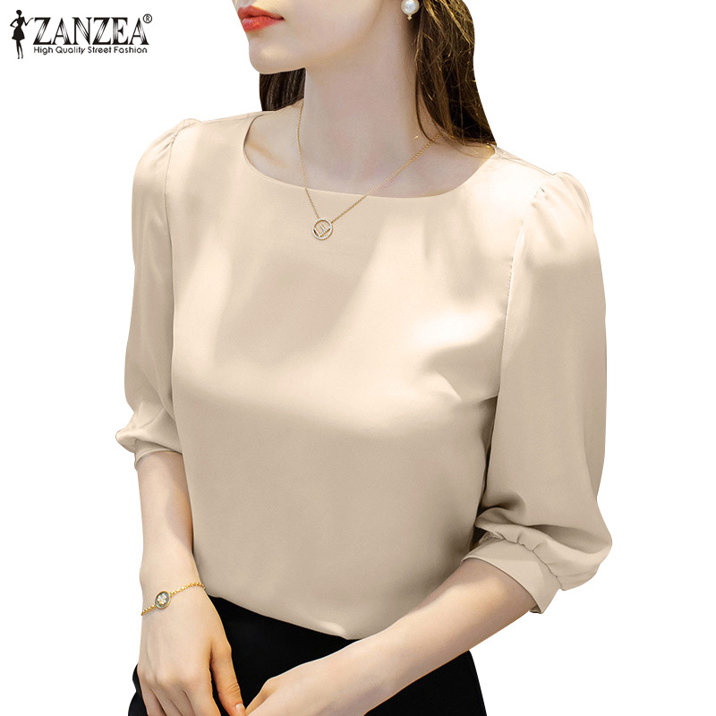 ZANZEA Women  Korean Elegant Casual Satin 3/4 Sleeve Square Neck Blouse