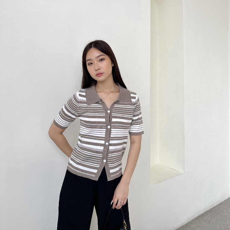 Mirei Stripes Knit Top / Atasan Rajut / Blouse Casual / Polo Top / Korean Style