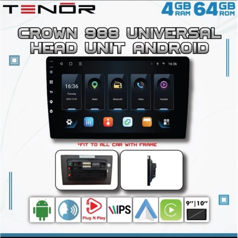 Head unit android tenor crown 988 by tomiko 4/64gb 9inch bisa sim card
