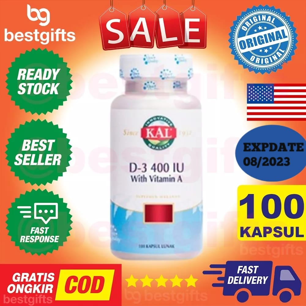 KAL VITAMIN D3 400 IU VIT D 400IU ANTIOKSIDAN IMUNITAS TUBUH KEPADATAN TULANG OTOT GIGI 100 KAPSUL