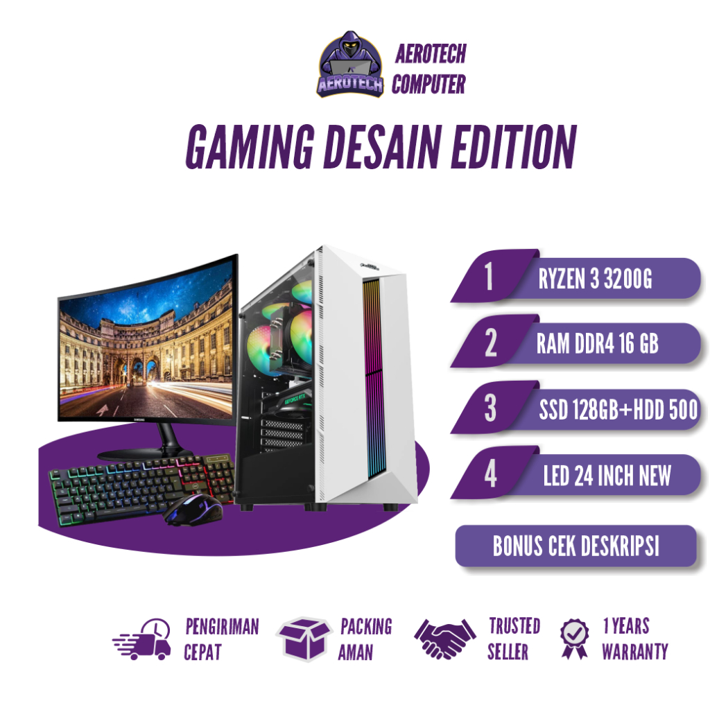 PC RAKITAN GAMING RYZEN 3 3200G | RAM 16 GB | SIAP GAMING LIVE STREAMING EDITING DESAIN LED 24 INCH FULLSET