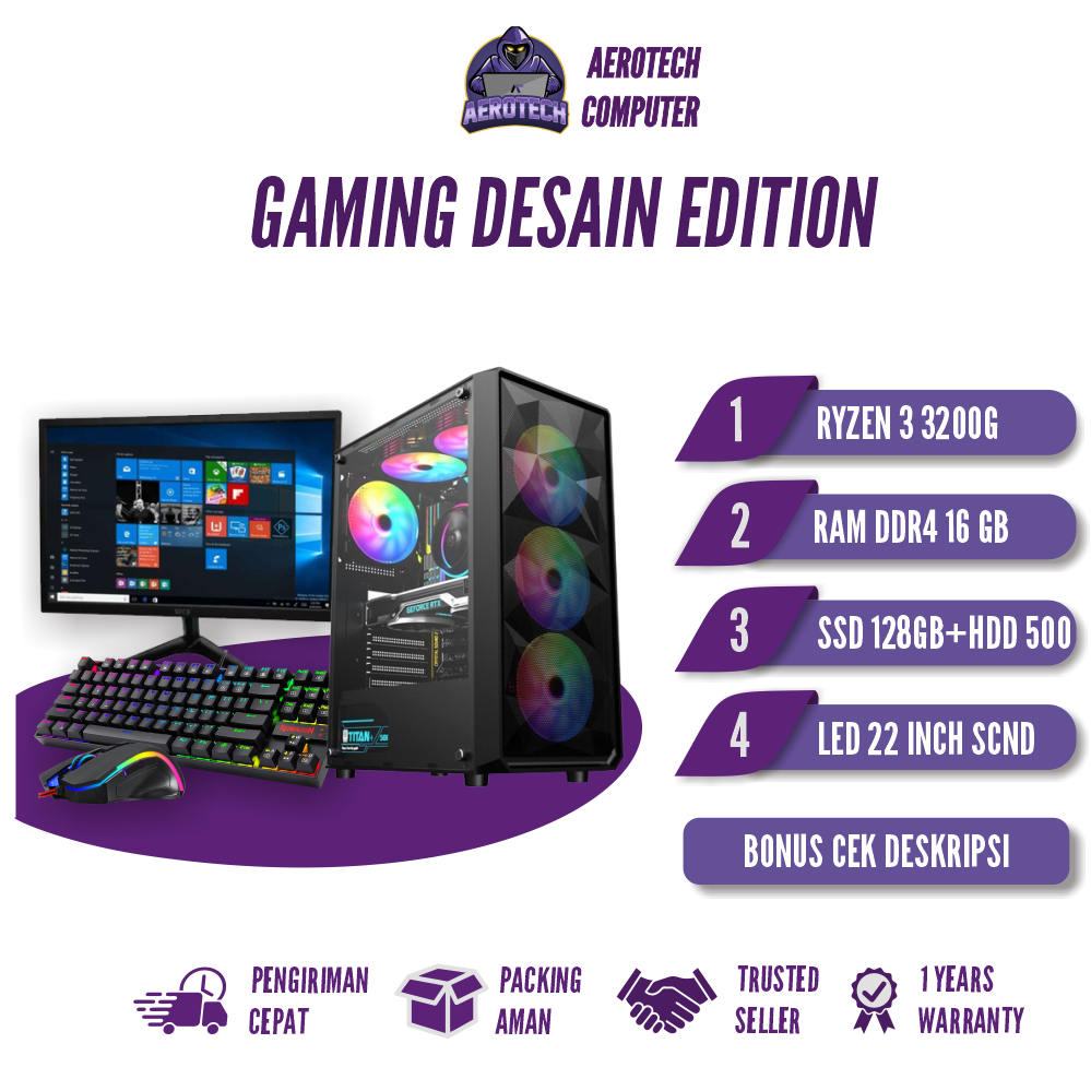 PC RAKITAN GAMING RYZEN 3 3200G | RAM 16 GB | SIAP GAMING LIVE STREAMING EDITING DESAIN LED 24 INCH FULLSET