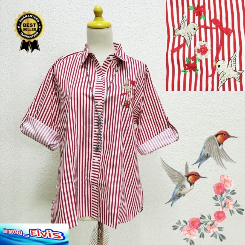 Kemeja Wanita Import / Salur Merah / Bordir Burung Wallet