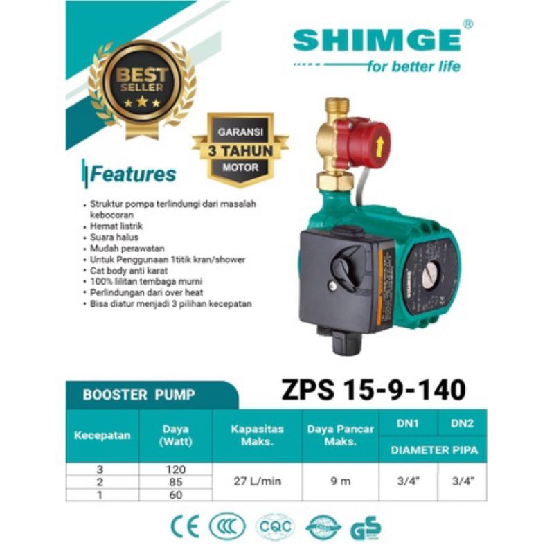 Pompa Air Pendorong / Booster Pump Shimge ZPS 15-9-140 Otomatis