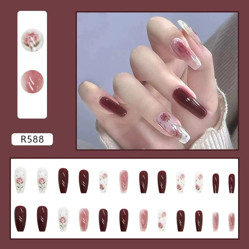 24 Pcs Lem Gel Kuku Palsu Panjang Aesthetic Fake Nails Wedding Kuku Nail Art 3D