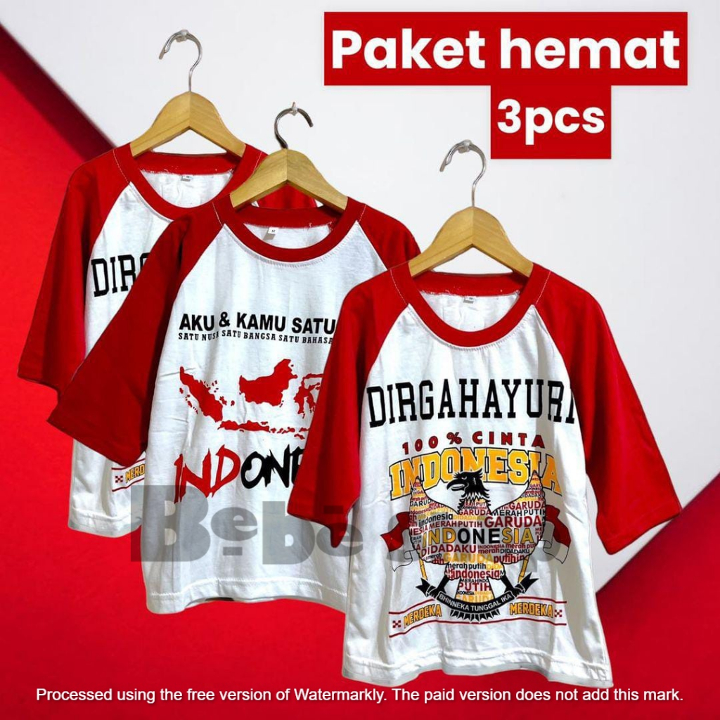 Paket Hemat 3 pcs atasan baju merah putih motif 17 agustus kemerdekaan indonesia bahan katun