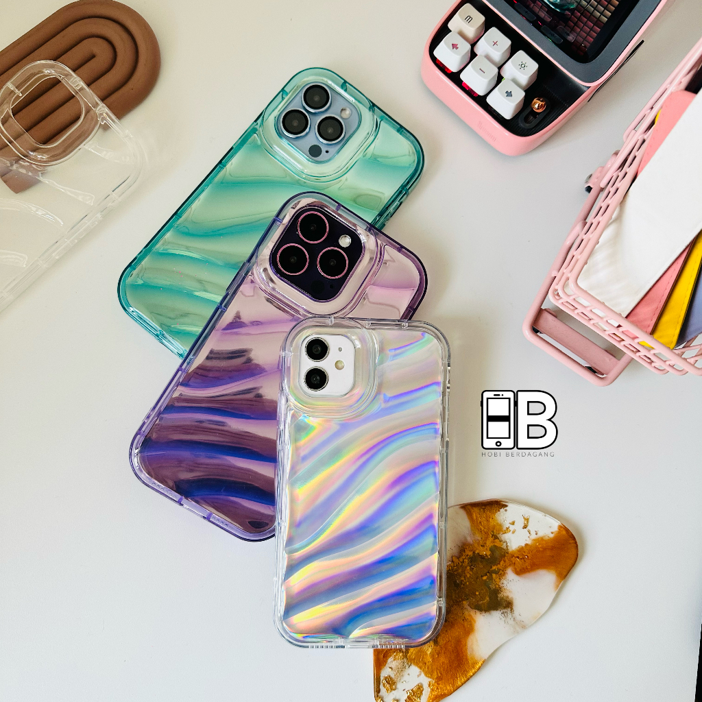 Mermaid Wave Casing Metalik Hologram dengan Airbag Gelombang Case iPhone X XR XS 11 12 13 14 PRO MAX