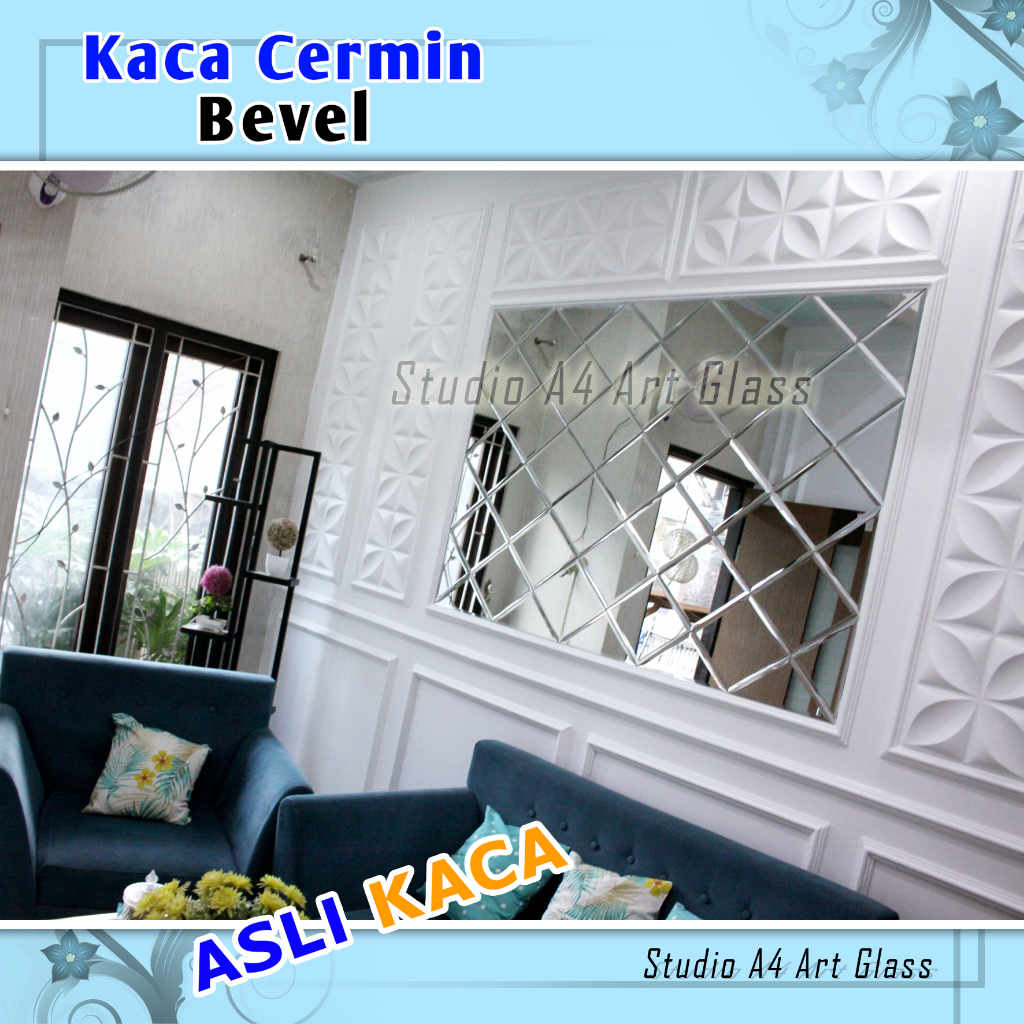 CERMIN BEVEL CUSTOM 110 X 60 CM TEBAL 3 MILI BEVEL 1CM-kaca custom-kaca-moulding-kaca estetik-kaca c