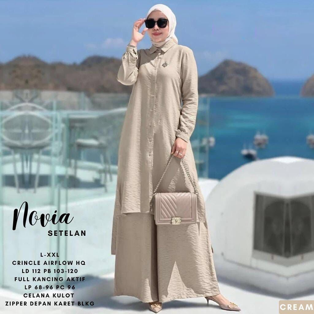 Baju Setelan Wanita Jumbo 2023 Novia Stelan Tunik Crinkle Airflow Pakaian Wanita jumbo Set Perempuan Dewasa Fashion Kekinian Tunik Set Celana Busui