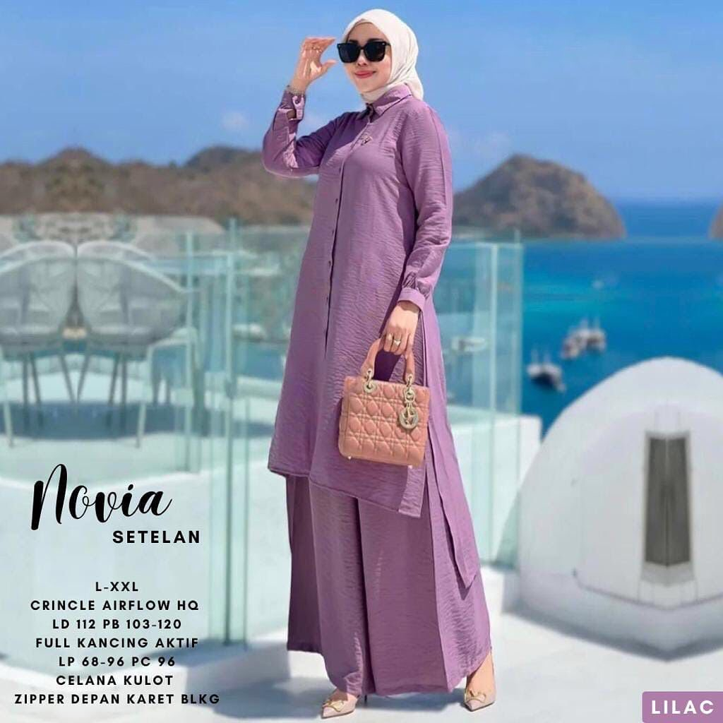 Baju Setelan Wanita Jumbo 2023 Novia Stelan Tunik Crinkle Airflow Pakaian Wanita jumbo Set Perempuan Dewasa Fashion Kekinian Tunik Set Celana Busui