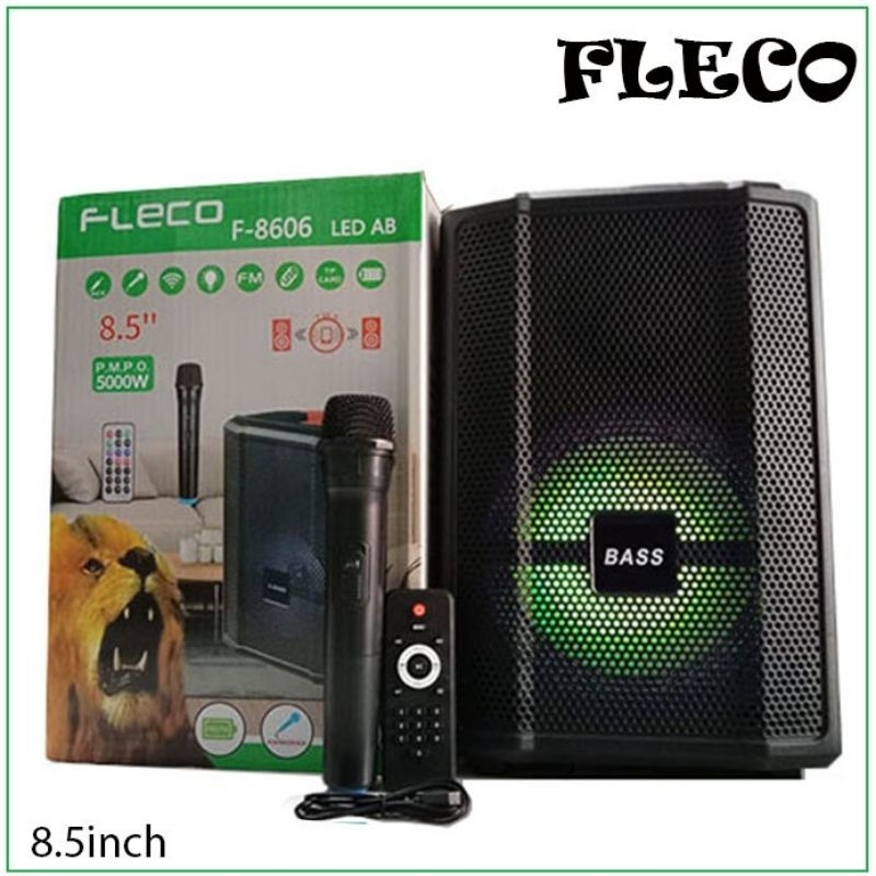 Speaker Bluetooth FLECO X-BASS F-8606 LED 8,5 Inchi Free Microphone Wireless Karaoke Remote Control Salon Aktif Portable Radio Fm