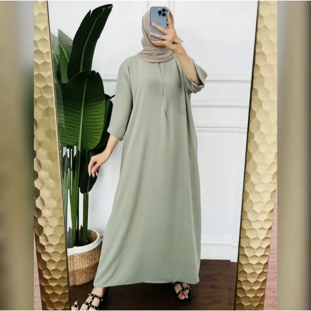 Zea long dress tangan 3/4 airflow crinkle busui, daster gamis panjang