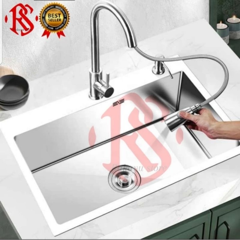 PAKET LENGKAP KITCHEN SINK 8050 STAINLESS BAK CUCI PIRING 1 LUBANG BESAR STAINLESS 8050 MODEL ONAN BAK CUCI PIRING 1 BOWL BESAR /WASTAFEL CUCI PIRING STAINLESS SILVER MODEL INOBE/KITCHEN SET SINK 8050 STAINLESS 1 LUBANG