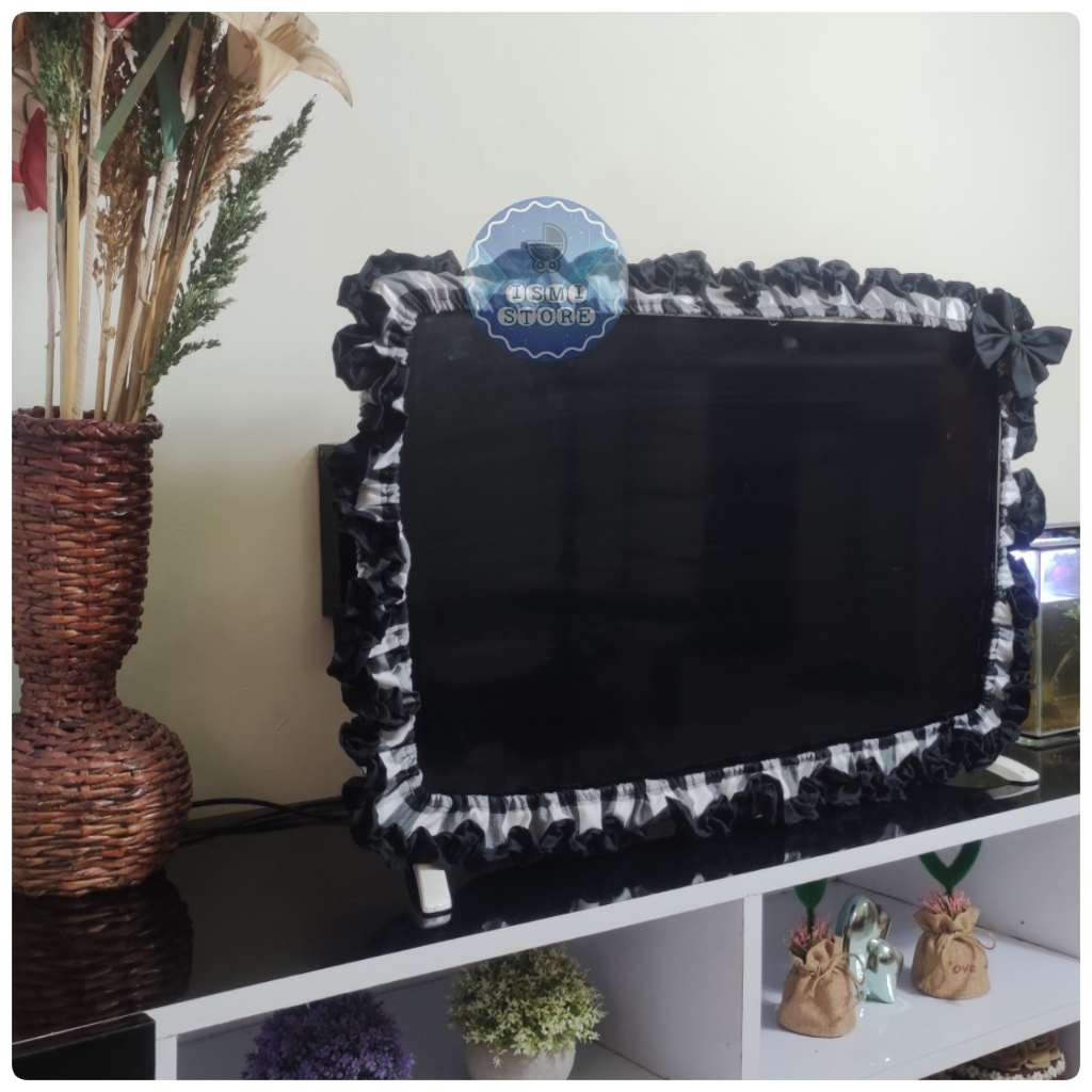 BANDO/Tutup TV/LCD/Televisi Ruffle WARNA Motif Kotak-kotak Gingham Untuk TV 24 inch - 52 inch Bisa Custom Ukuran by Ismi Store