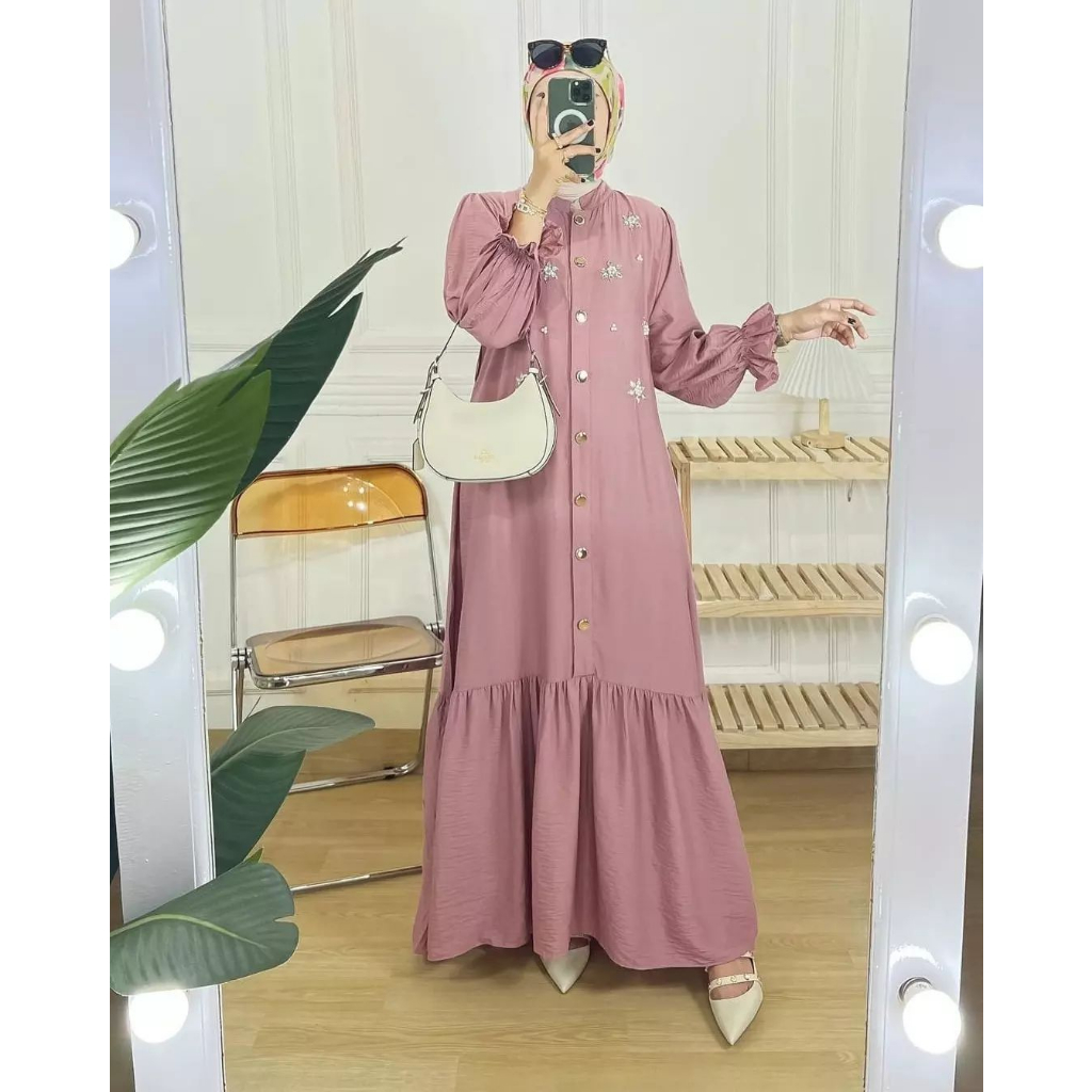 Lyra Dress Gamis Wanita Dewas Kekinian 2023 Gamis Dress Tutu Aplikasi Mutiara Zipper Depan Tali Pinggang Kiri Kanan fashion Muslim Wanita