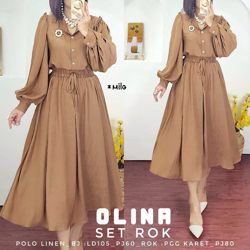 Baju Setelan Wanita Olina Set Rok Bahan Pollo Linen Terlaris Stelan Wanita Muslim Jumbo Kekinian 2023