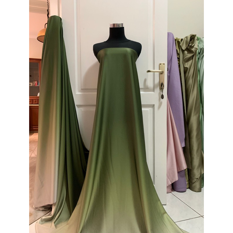 Bahan Kain Satin Silk Armani Gradasi Ombre Armany 2 Tone Warna Hijau Army Sage