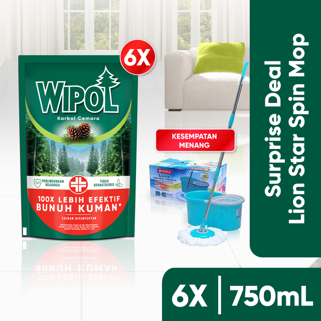 Wipol Pembersih Lantai Cairan Disinfektan Teruji Dermatologis Karbol Cemara 750 mL x6