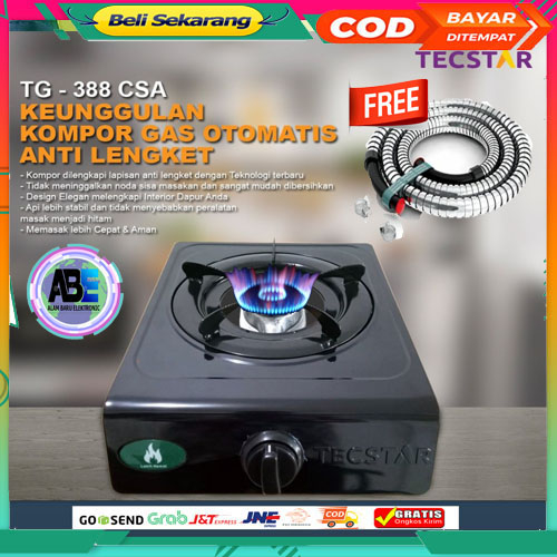 KOMPOR GAS 1 TUNGKU TEFLON TECSTAR TG-388 CSA (+) PAKET SELANG FLEXSIBLE PREMIUM SNI