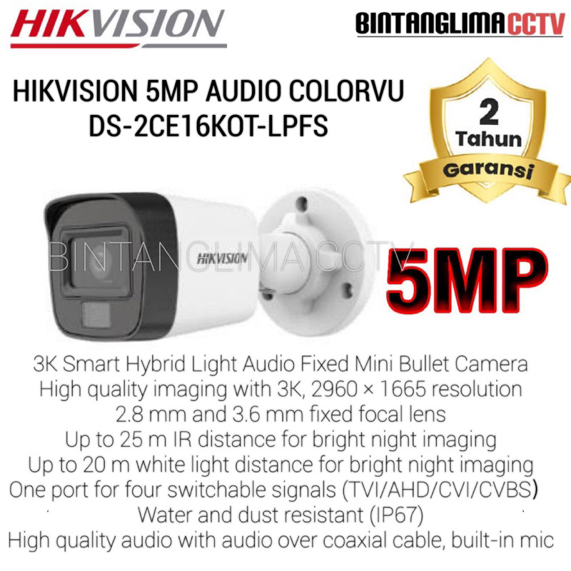 KAMERA CCTV OUTDOOR 5MP AUDIO COLORVU HIKVISION DS-2CE16K0T-LPFS