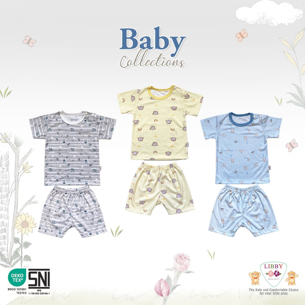 3 Pcs Libby Setelan Pendek Oblong SML Baju Bayi Kacing Pundak Piyama Baby Pendek Libby