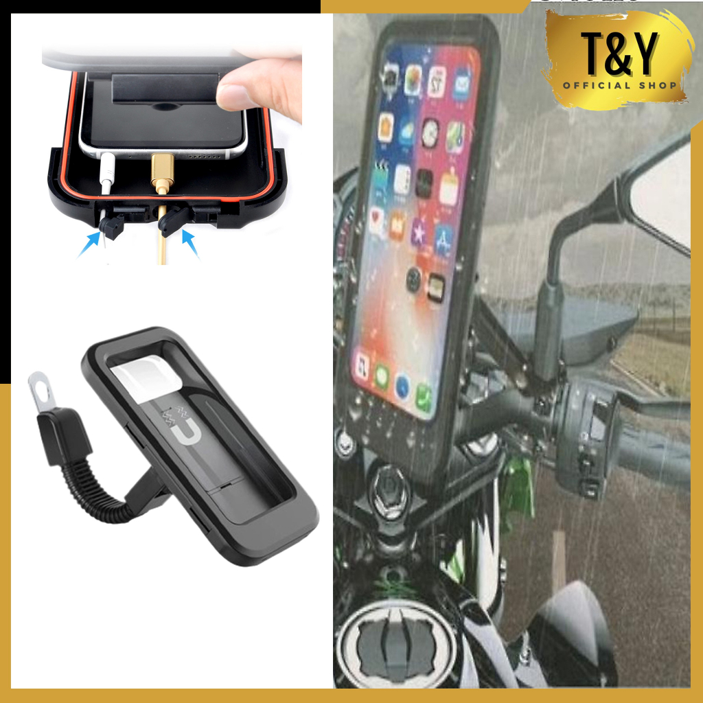 T&amp;Y Phone Holder M3B Hp Spion Motor Waterproof Tempat Handphone Sepeda Motor Holder Spion Stand Bracket HP dan GPS Anti Slip 360 Derajat Murah Import