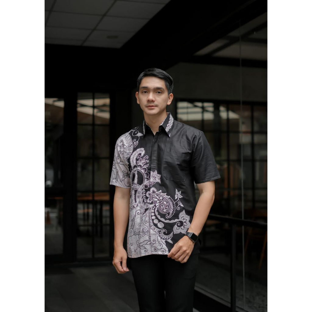 BAJU BATIK PRIA ABADI HEM KEMEJA BATIK HITAM MANIS SOGAN HALUS LENGAN PENDEK