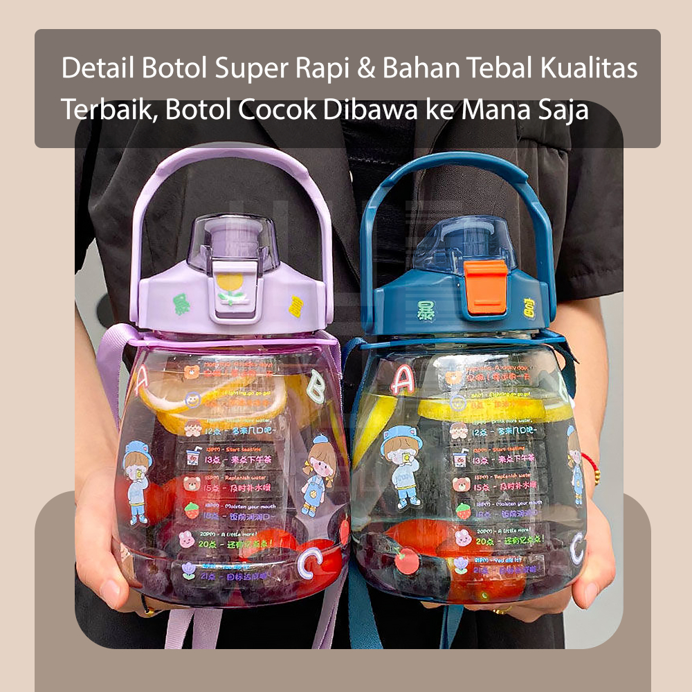 HUGO Botol Minum Anak Anti Bocor 1300 ml Botol Air Anak Sekolah Kantor Serbaguna dengan Sedotan dan Tali Strap