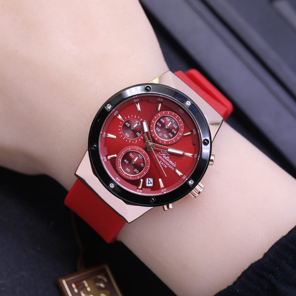 JAM TANGAN WANITA TETONIS LS031 CHRONO AKTIF TALI RUBBER TANGGAL AKTIF