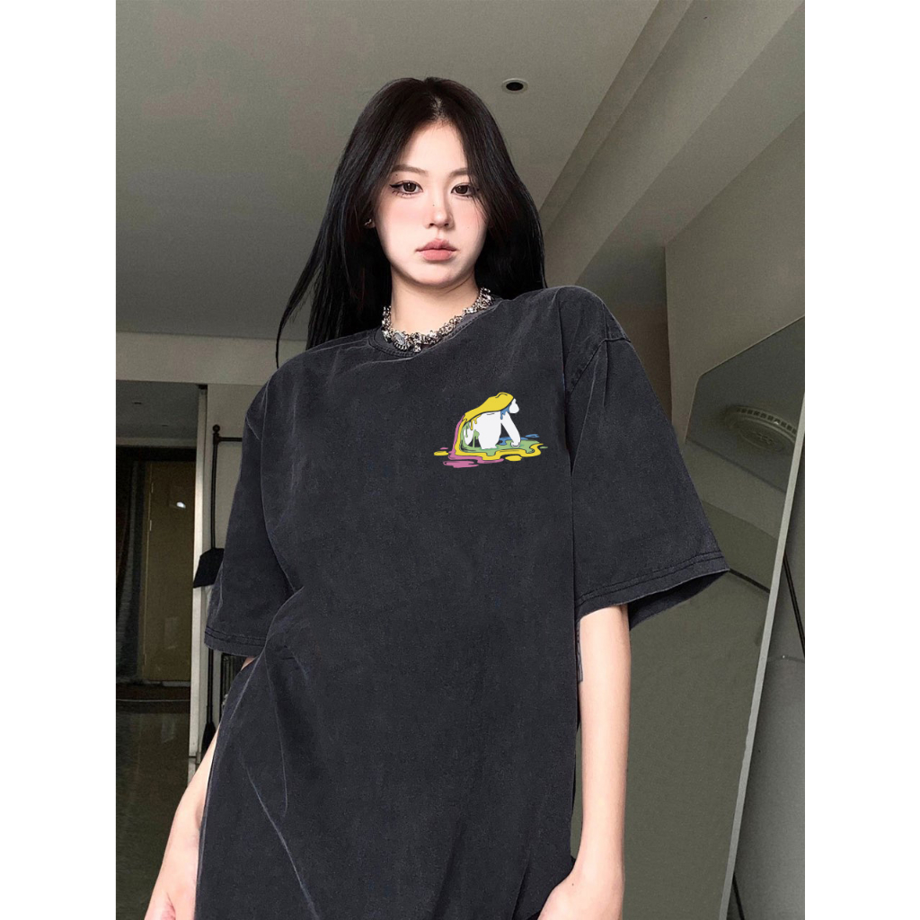 RDGF T-shirt - Sweird oversized black graffiti pattern oversized washed T-shirt Kaos retro Amerika T-shirt lengan pendek wanita/A0944