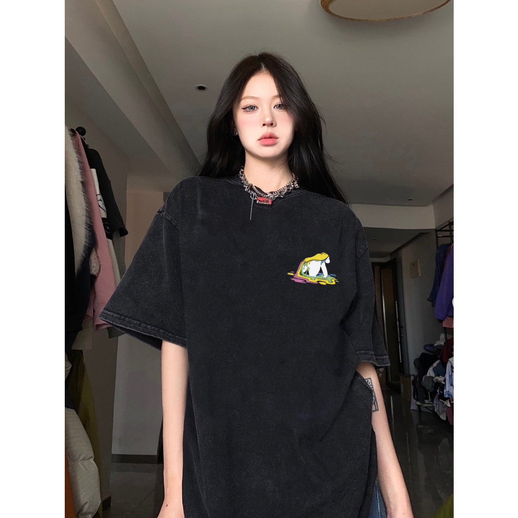 RDGF T-shirt - Sweird oversized black graffiti pattern oversized washed T-shirt Kaos retro Amerika T-shirt lengan pendek wanita/A0944