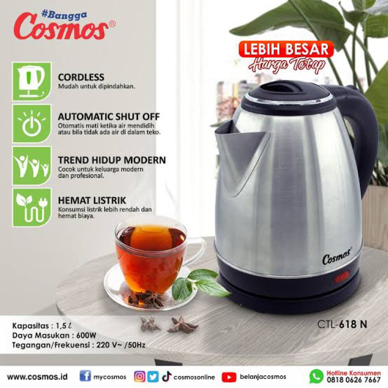 BARANG BARU!! COSMOS KETEL LISTRIK ELECTRIC KETTLE 1.5 LITER 618 N