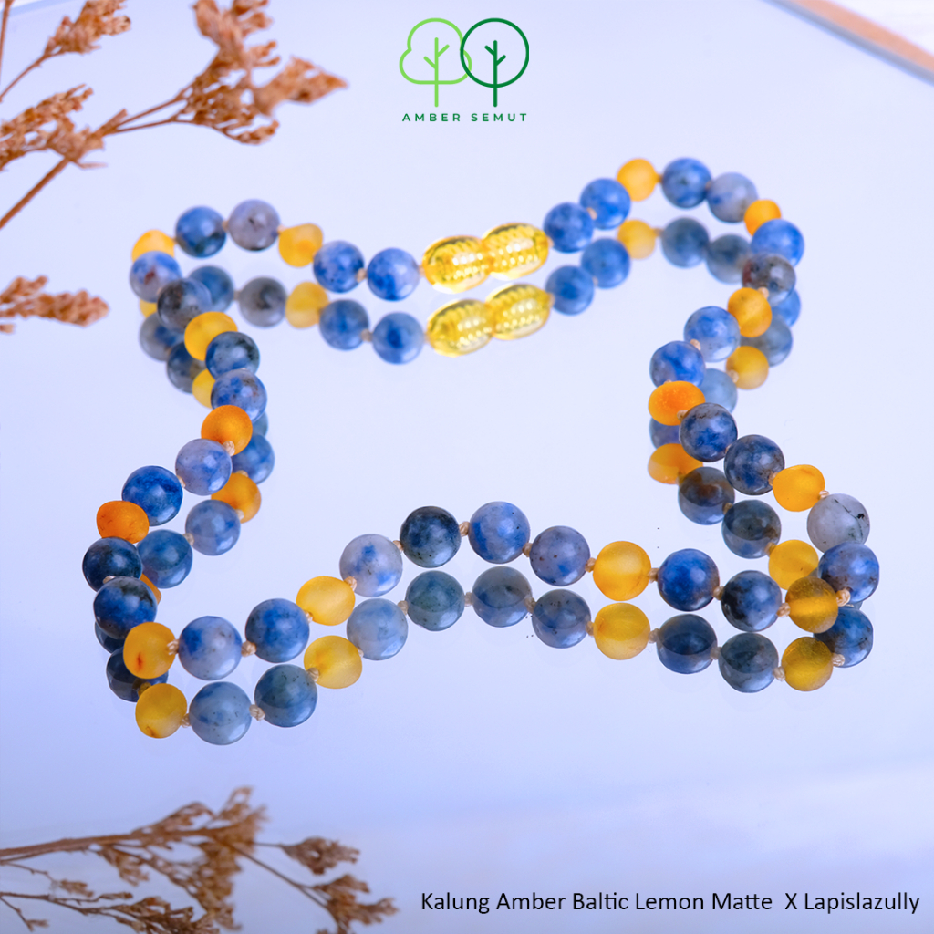 PROMO FREE GELANG - Kalung Amber Baltic Milk Glossy X Lapislazuli by AMBER SEMUT