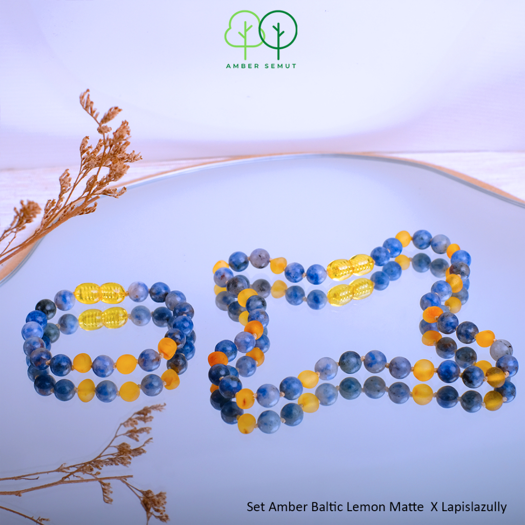 PROMO FREE GELANG - Kalung Amber Baltic Milk Glossy X Lapislazuli by AMBER SEMUT