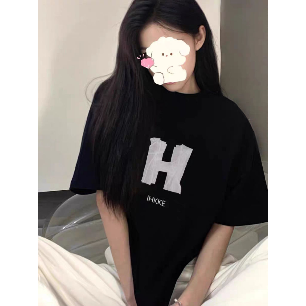 Raglan T Shirt Letter H Kaos Retro Oversize Wanita Atasan Korean Ootd Kaos Wanita Lengan Pendek