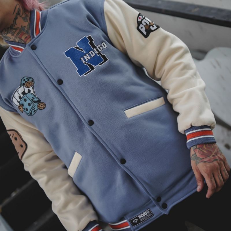 FS - Jaket Varsity pria Baseball Full Bordir Indigo Poker
