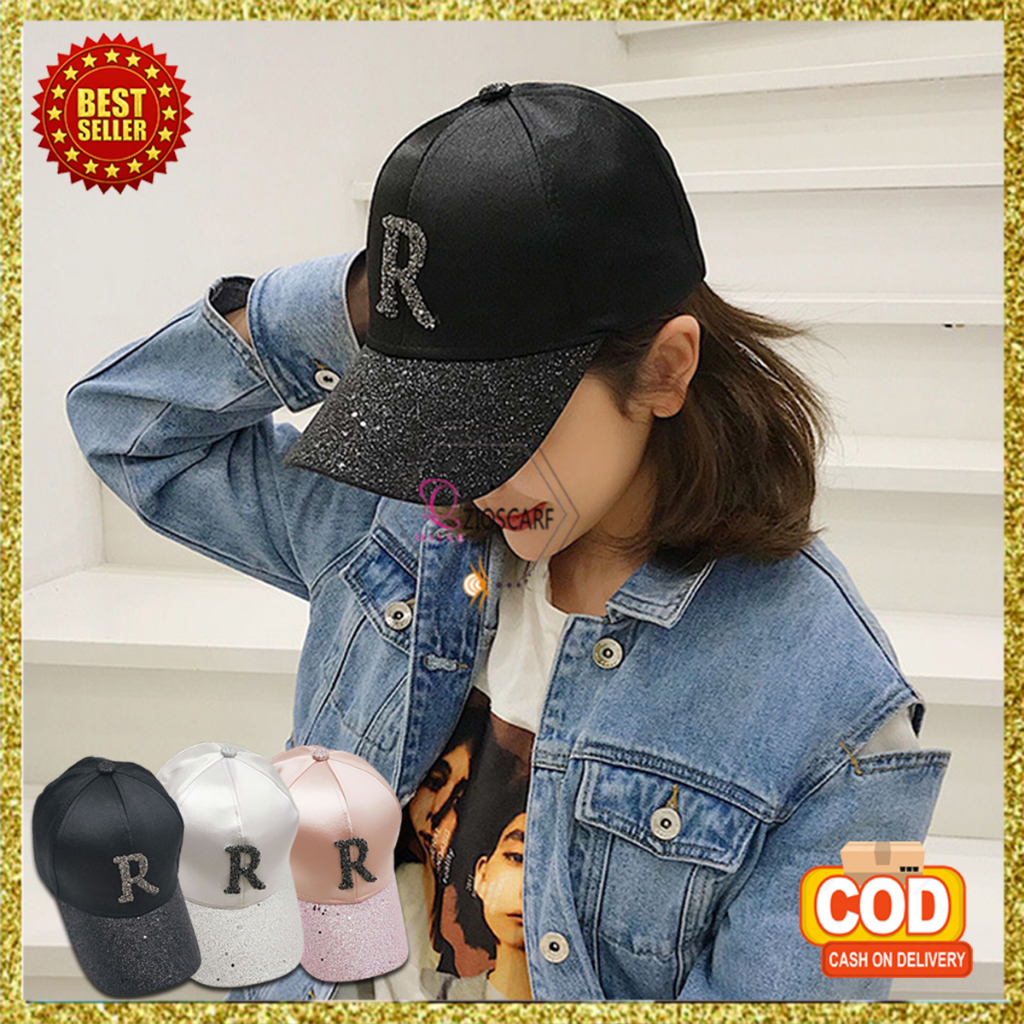 Topi Wanita Korea Baseball Gaya Jepang Satin Glitter Logo R Fashion Casual BSCE