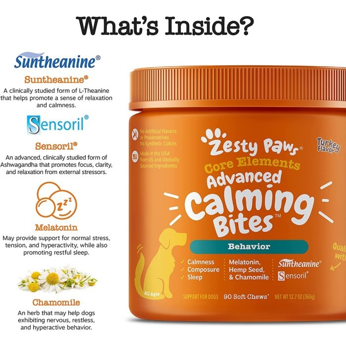 Zesty Paws Calming Bites - Dog Stress &amp; Separation Anxiety Turkey 360Gr