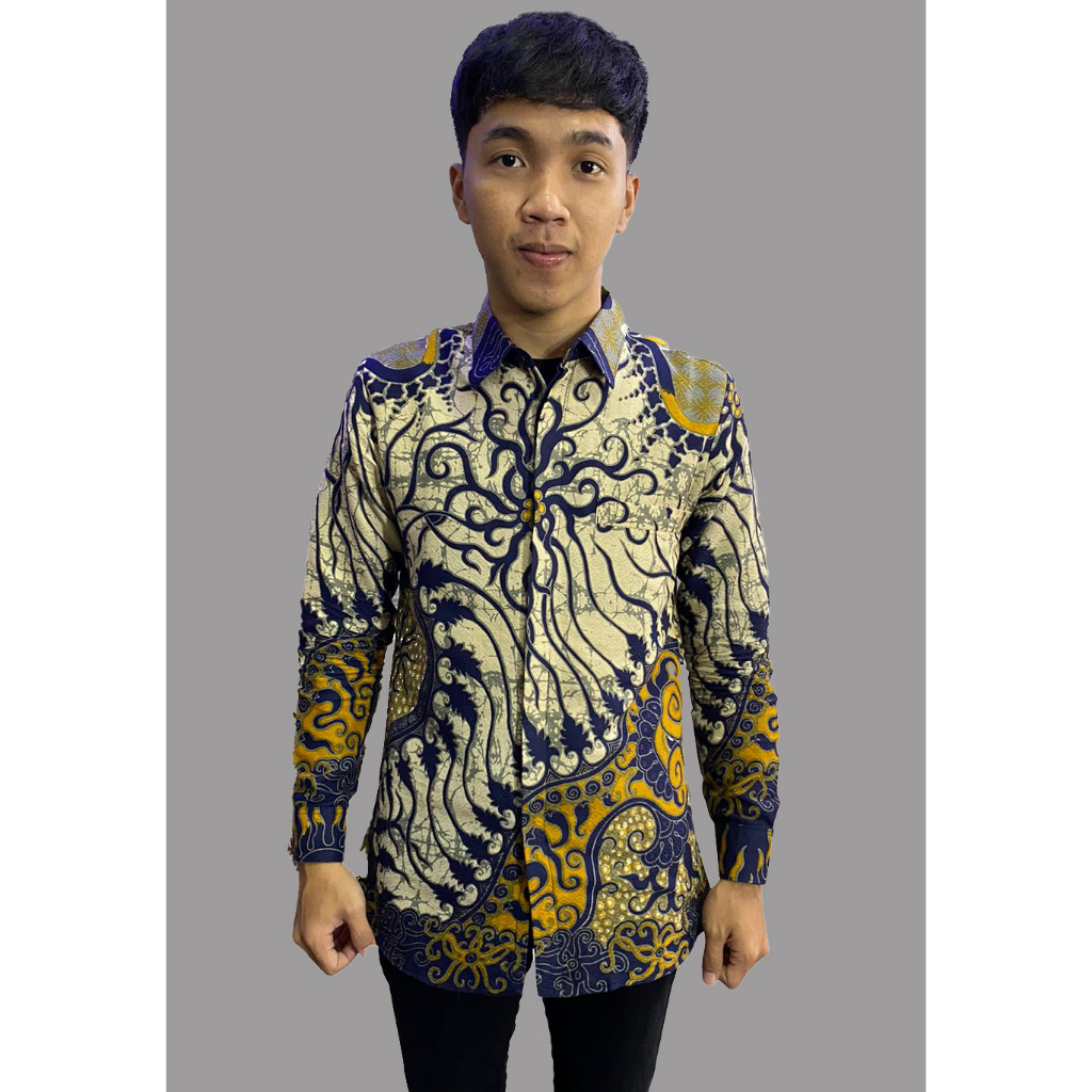 UKER NAVY HEM ATASAN KEMEJA BAJU BATIK PRIA LAPIS FURING PREMIUM