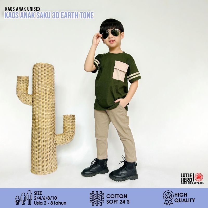 Baju Kaos Distro Anak Laki Laki Saku 3D Unik Earth Tone Little Hero Usia 2 3 4 5 6 7 8 Tahun