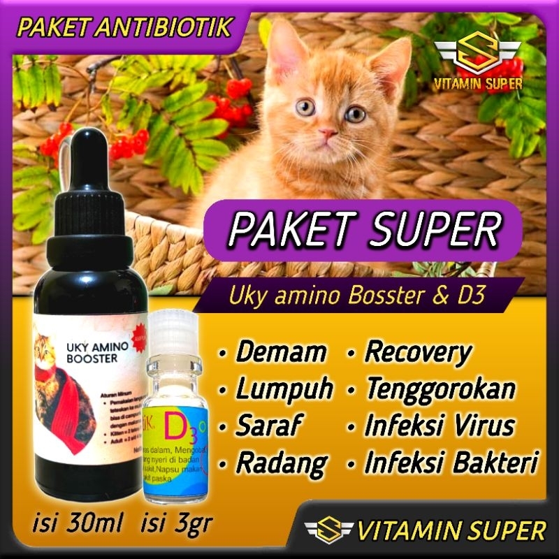 Vitamin Kucing Paket Antibiotik D3 Uky Amino dan WookuWooku for Cats | Antibiotik Penurun Panas, Lumpuh, Demam, Recovery, Penyembuhan, Radang Tenggorokan, Patah Kaki, Infeksi Saraf, Infeksi Virus, Imunitas dan Nafsu Makan